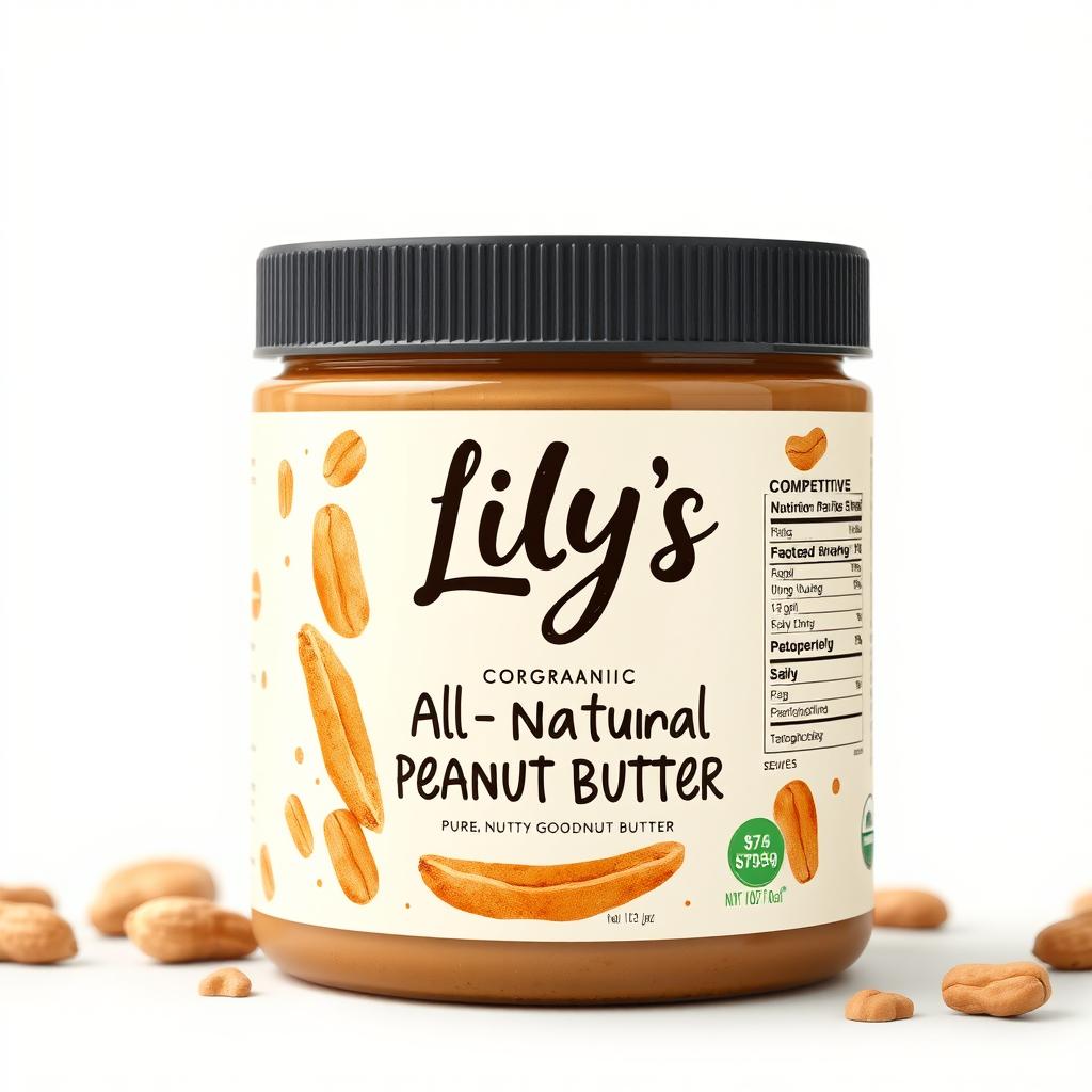 Design a packaging concept for Lily's Peanut Butter featuring a sleek, modern jar with a cylindrical shape made from high-quality glass for premium appeal