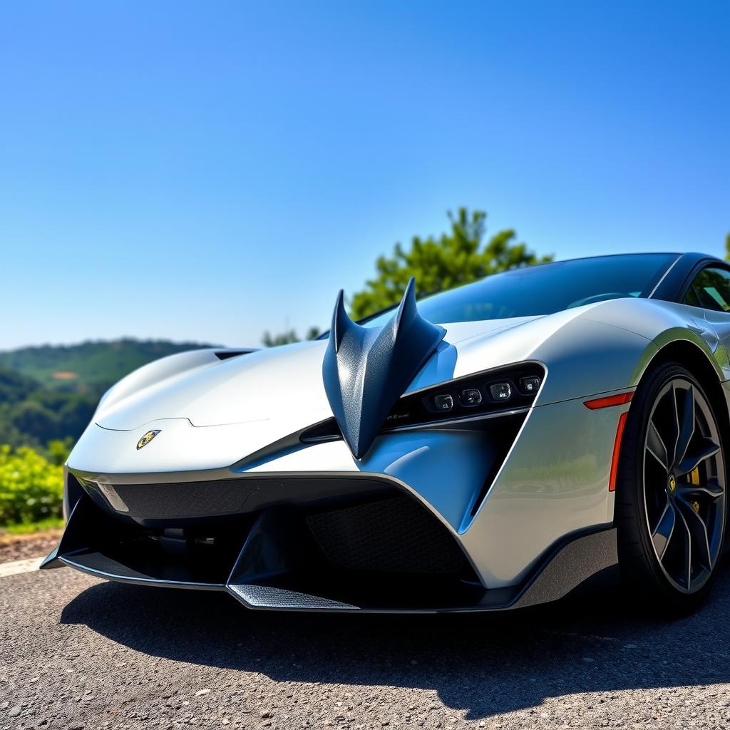 An elegant sports car with a striking front design resembling the beak of a rooster, showcasing sleek lines, a glossy paint job, and detailed headlights that enhance its aggressive yet sophisticated look