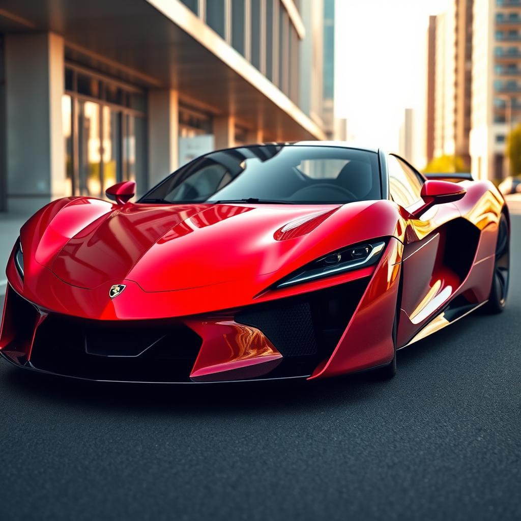 An elegant sports car with a striking rooster beak-shaped front end, showcasing sleek curves and aerodynamic design