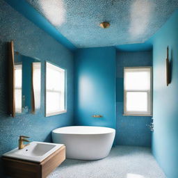 A unique bathroom with hexagonal terrazzo decor and an eye-catching blue ceiling.