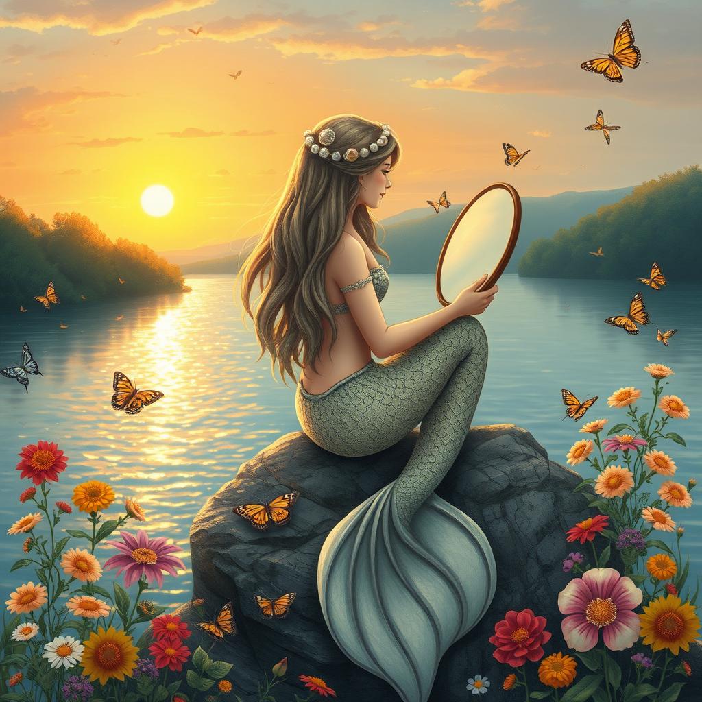 An enchanting illustration showcasing the legendary mermaid Lorelei perched on a rocky outcrop along the Rhine River