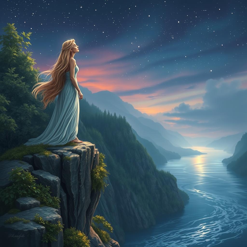 A serene, enchanting scene depicting the legend of the Lorelei, the mythical siren luring sailors to their doom on the Rhine River
