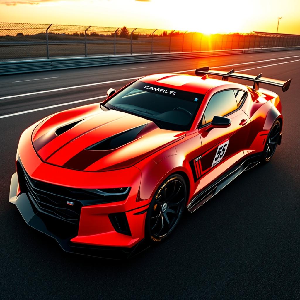 A hybrid car that combines the sleek aerodynamic design of a Formula One car with the muscular, aggressive styling of a Camaro ZL1