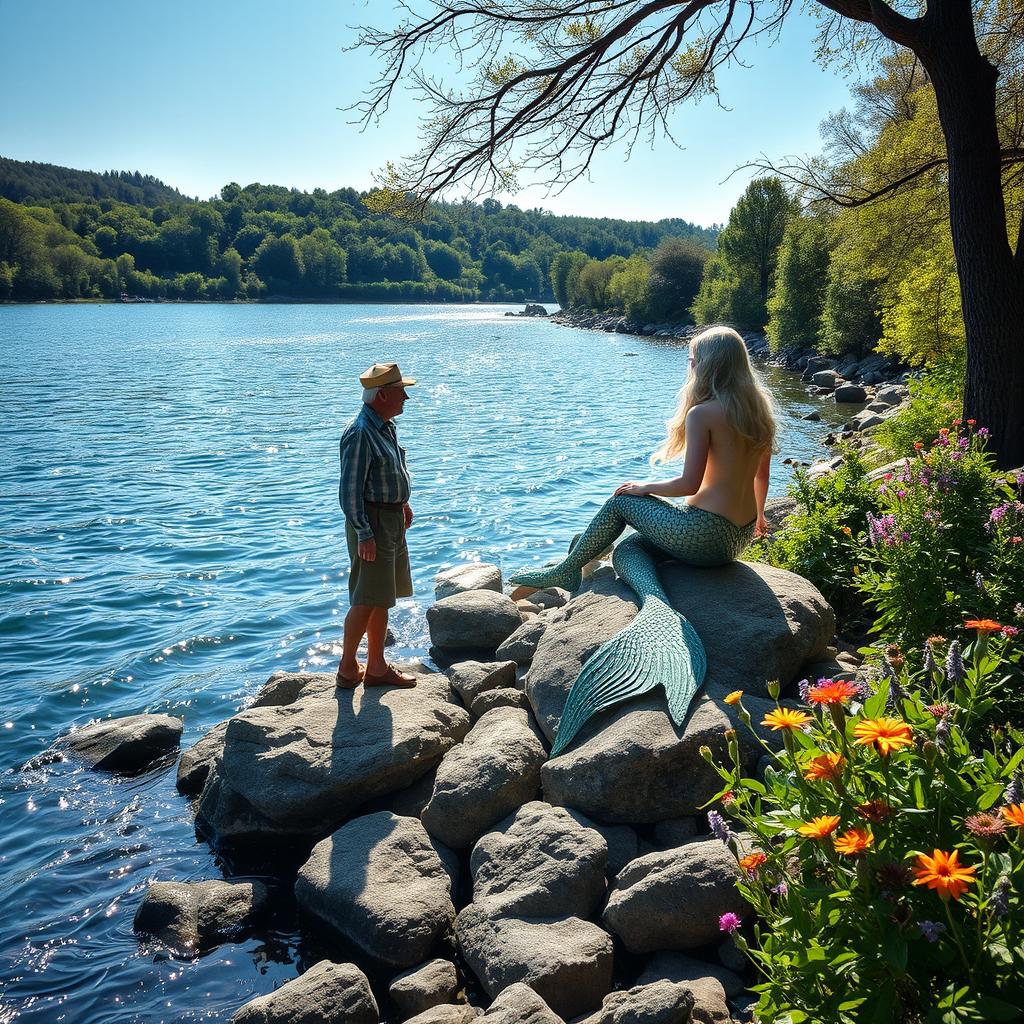 In broad daylight by the banks of the Rhine River, an old sailor stands on a rocky shore, facing the enchanting sight of a realistic mermaid