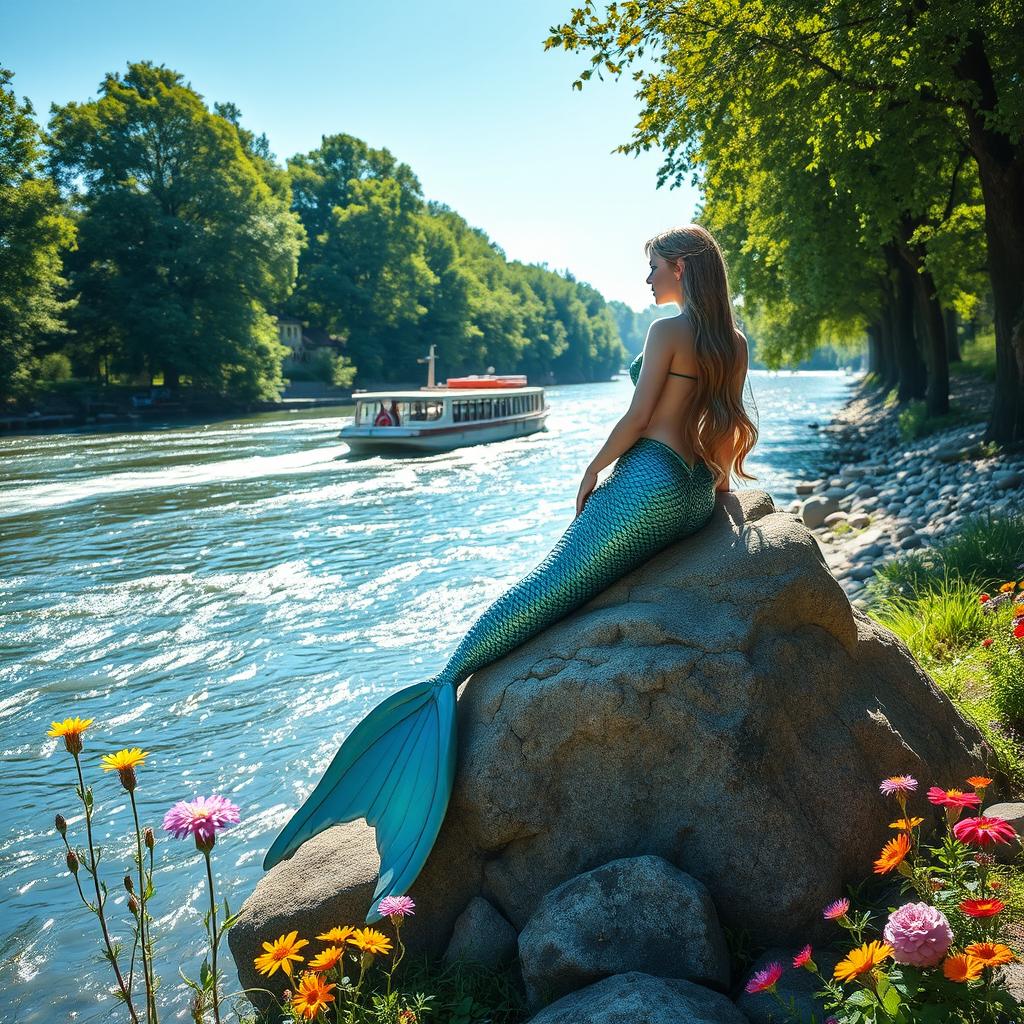 In bright daylight by the banks of the Rhine River, a stunningly realistic mermaid perches gracefully on a sunlit rock