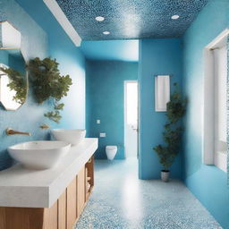 A unique bathroom with hexagonal terrazzo decor and an eye-catching blue ceiling.