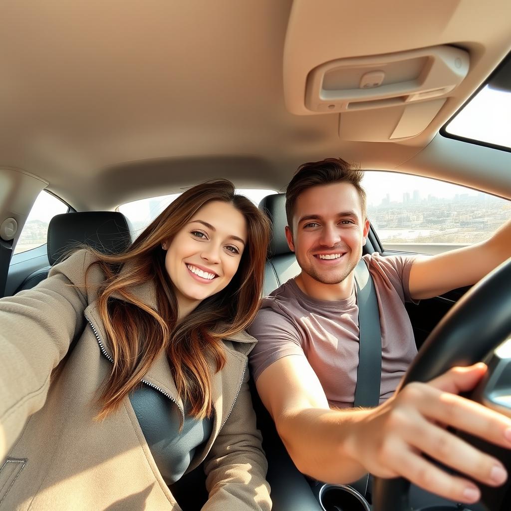 A candid photo of a happy couple taking a selfie inside a car