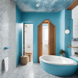 A unique bathroom with hexagonal terrazzo decor and an eye-catching blue ceiling.