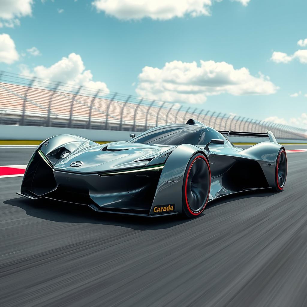 A futuristic hybrid car that combines the sleek and aerodynamic design of a Formula One car with the sporty and stylish features of a Mazda