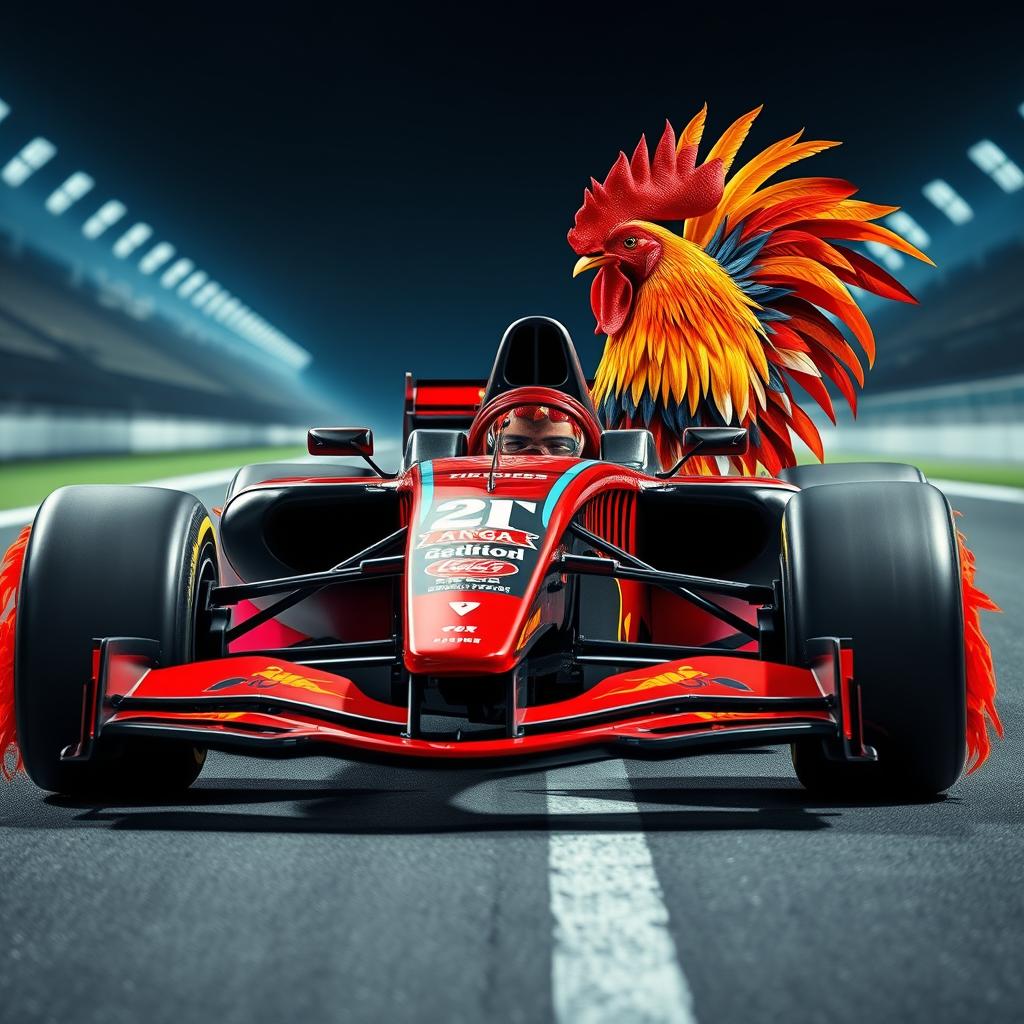 A stunning hybrid of a Formula One car and a rooster, showcasing the sleek aerodynamic design of the car integrated with vibrant feather patterns and textures of a rooster
