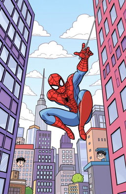 A fun and engaging Spider-Man themed coloring book page designed for kids, featuring Spider-Man in a dynamic action pose swinging between skyscrapers in a vibrant cityscape