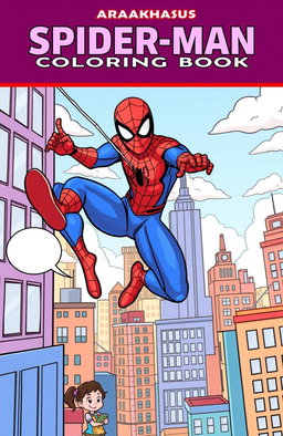 A fun and engaging Spider-Man themed coloring book page designed for kids, featuring Spider-Man in a dynamic action pose swinging between skyscrapers in a vibrant cityscape