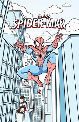 A fun and engaging Spider-Man themed coloring book page designed for kids, featuring Spider-Man in a dynamic action pose swinging between skyscrapers in a vibrant cityscape