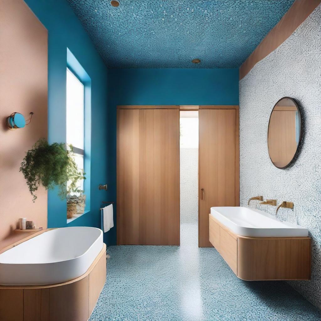 A unique bathroom with hexagonal terrazzo decor and an eye-catching blue ceiling.