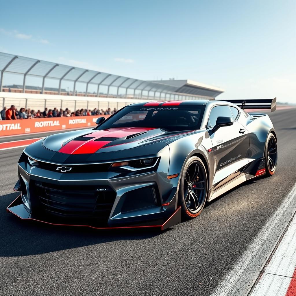 A unique hybrid car design that blends the sleek, aerodynamic features of a Formula One race car with the muscular, aggressive styling of a Chevrolet Camaro
