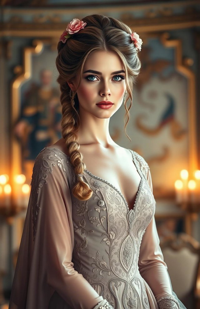 A beautiful noblewoman with striking blue eyes, elegantly dressed in a luxurious gown adorned with intricate embroidery