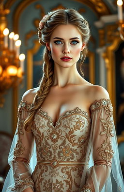 A beautiful noblewoman with striking blue eyes, elegantly dressed in a luxurious gown adorned with intricate embroidery