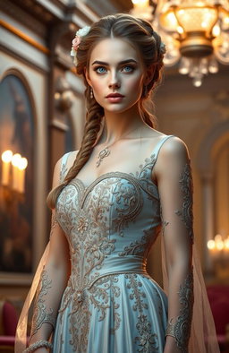 A beautiful noblewoman with striking blue eyes, elegantly dressed in a luxurious gown adorned with intricate embroidery