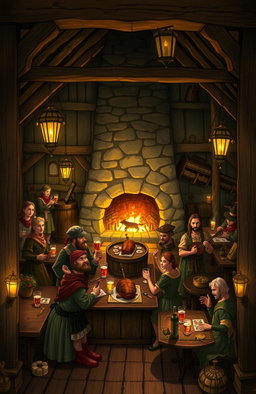 A medieval tavern filled with lively patrons enjoying their drinks and food