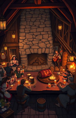 A medieval tavern filled with lively patrons enjoying their drinks and food