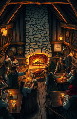 A medieval tavern filled with lively patrons enjoying their drinks and food