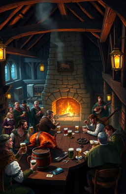 A medieval tavern filled with lively patrons enjoying their drinks and food