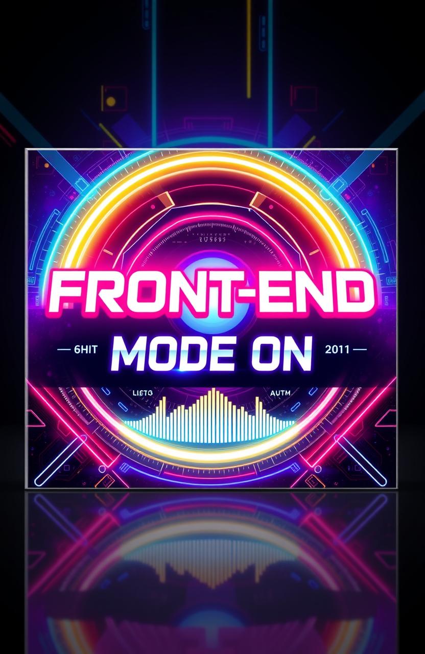 A vibrant and modern CD cover design for a fictional music album titled "Front-End Mode On"
