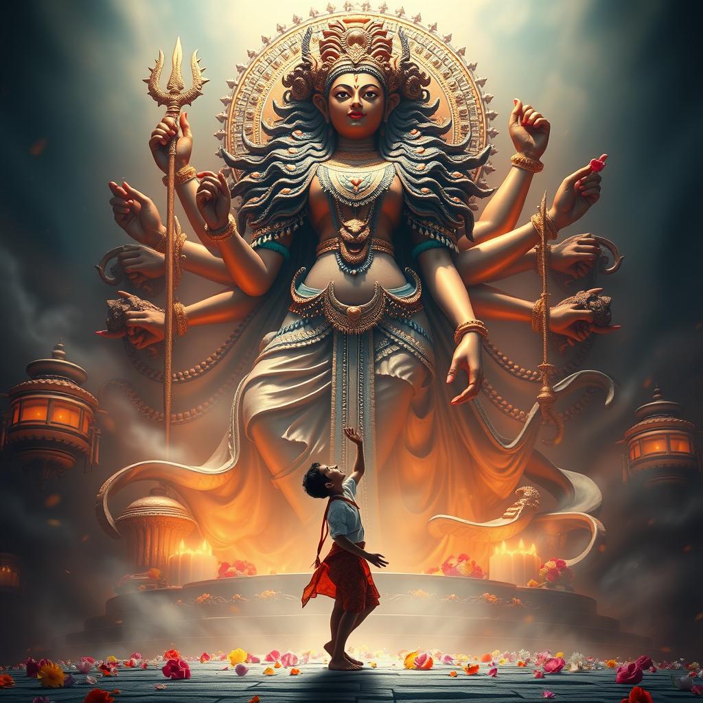 A powerful depiction of a boy gracefully interacting with a large, majestic statue of Goddess Mahakali