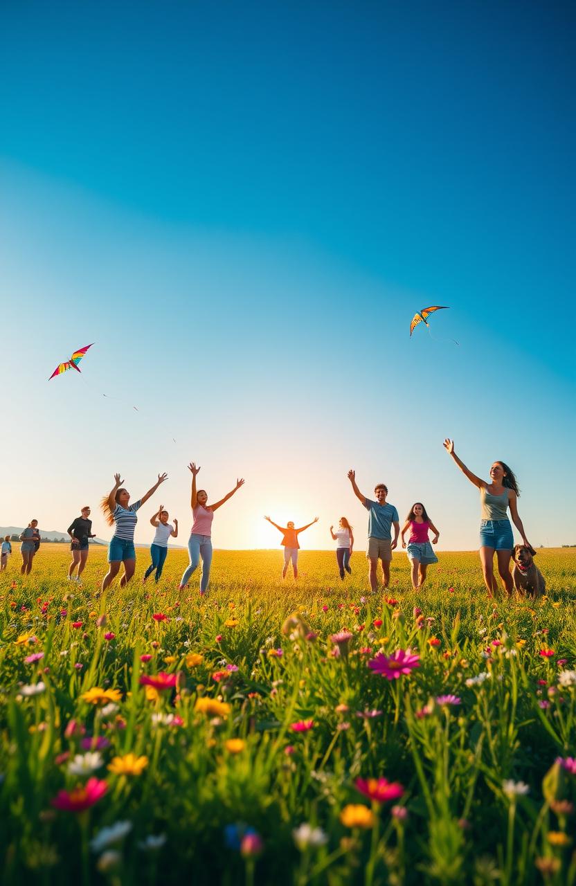 A serene and uplifting landscape depicting the pursuit of happiness, featuring a vast, open field with vibrant wildflowers under a clear blue sky
