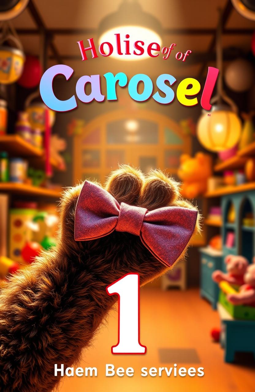 A close-up of a bear's paw gently holding a vibrant bow tie, illuminated by soft, warm lighting as if spotlighted on a small stage
