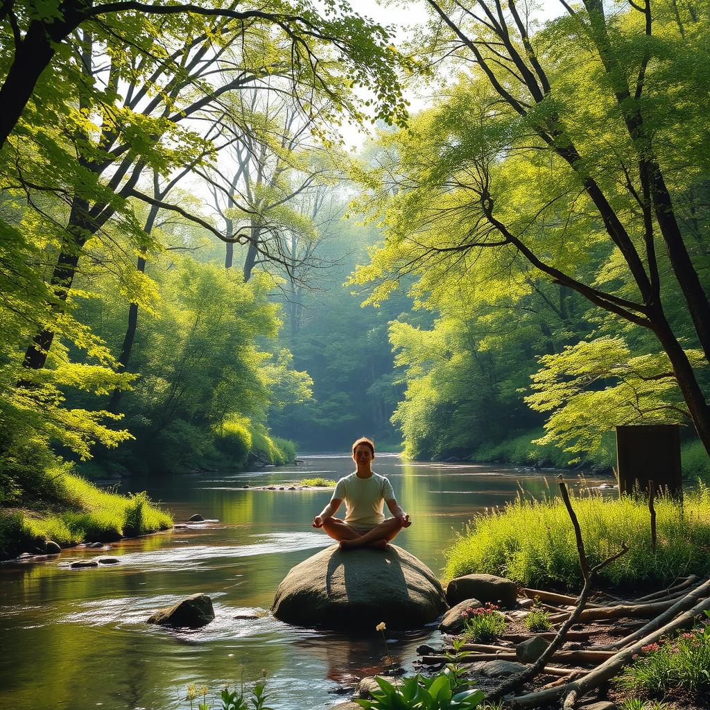 A serene landscape showcasing mindfulness and present moment awareness, featuring a tranquil forest scene with vibrant green trees, a calm stream flowing gently through the foliage, and soft sunlight filtering through the leaves