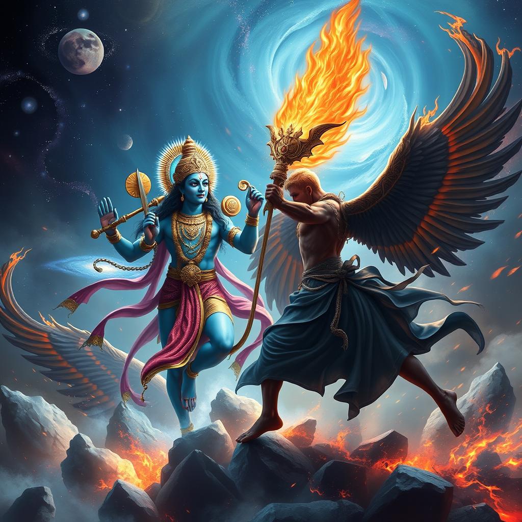 An epic and dramatic scene depicting a battle between Lord Vishnu in his divine form, adorned in resplendent attire with blue skin, powerful weapons like the conch and discus, and surrounded by celestial light, versus Lucifer, depicted in a striking and imposing manner with dark, flowing robes, majestic wings, and a fiery aura