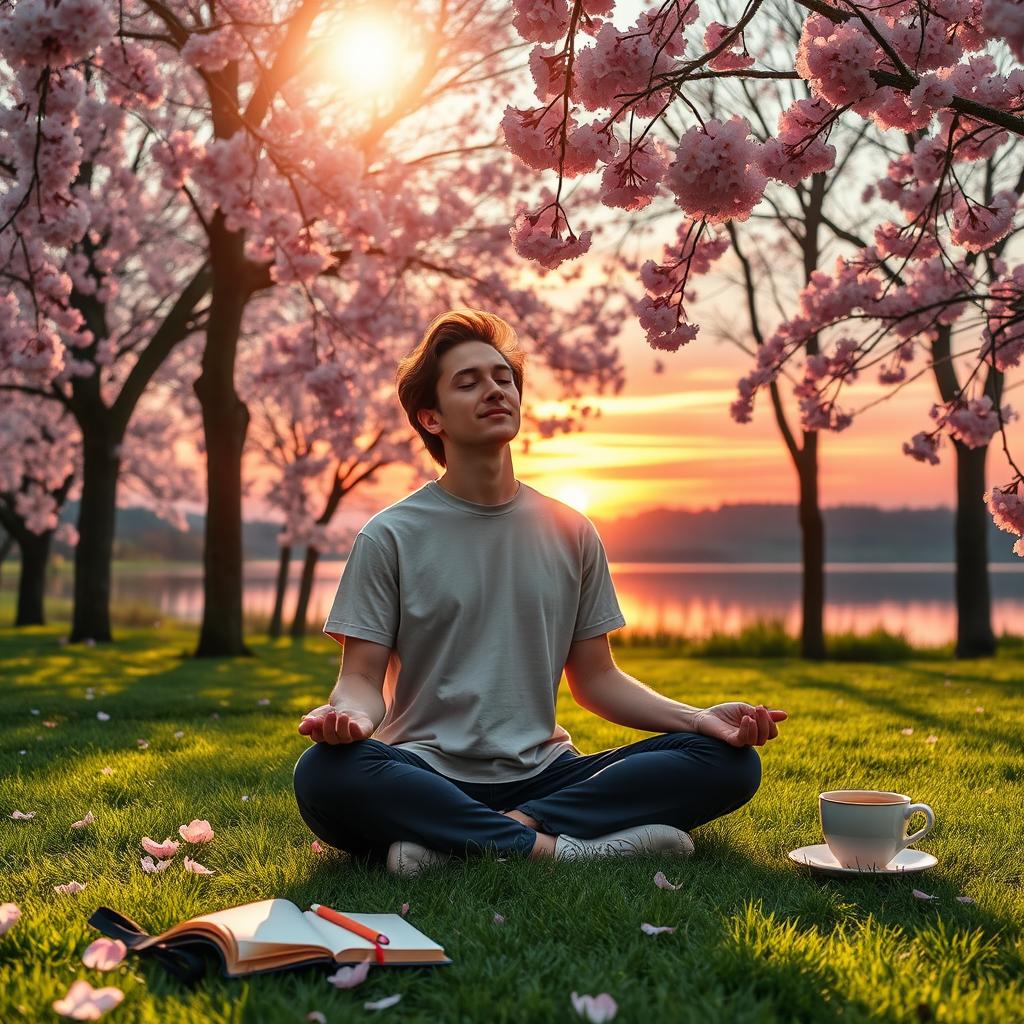 A serene and calming scene depicting a person practicing gratitude in a beautiful outdoor setting