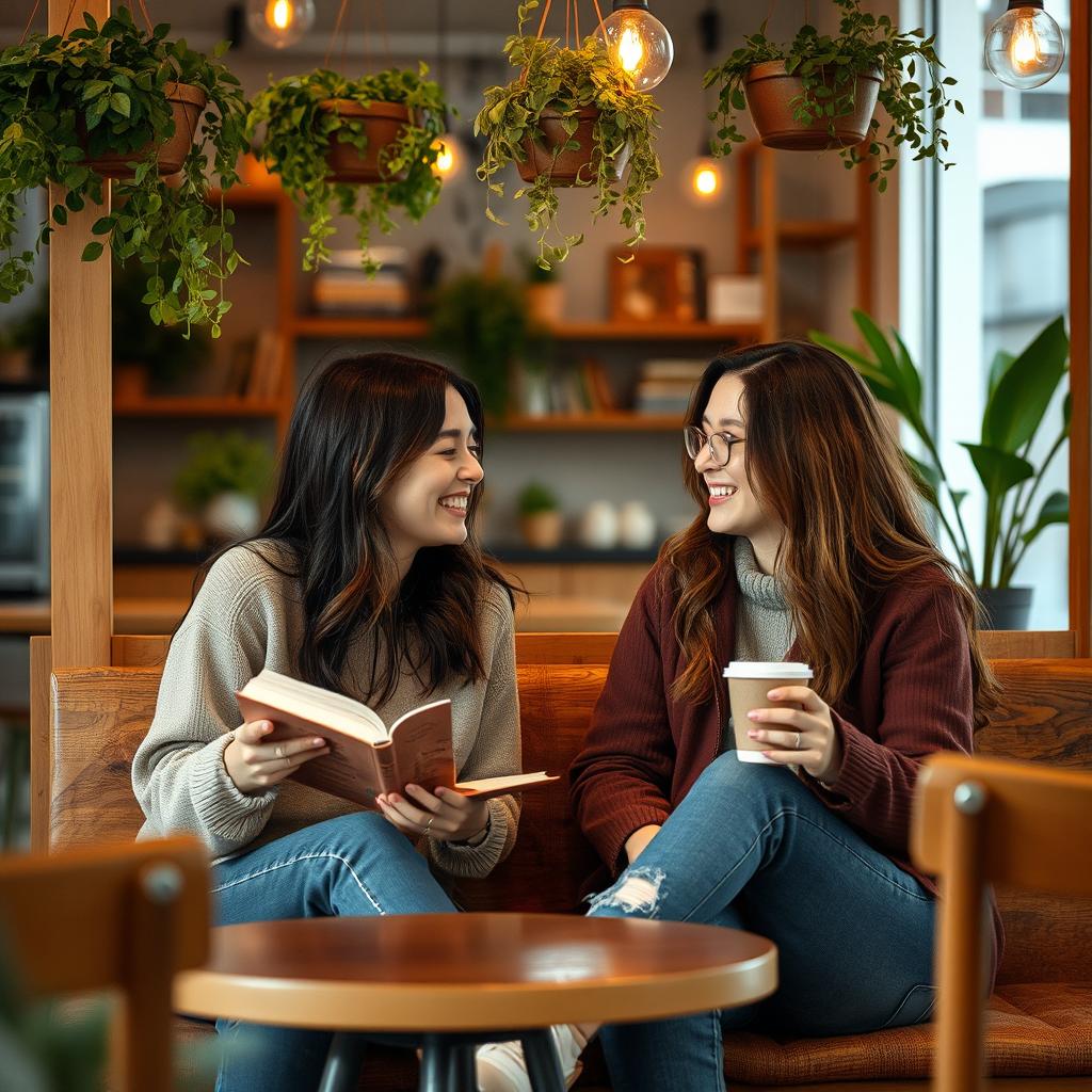 A warm and inviting scene of two friends sitting together in a cozy coffee shop, engaged in deep conversation