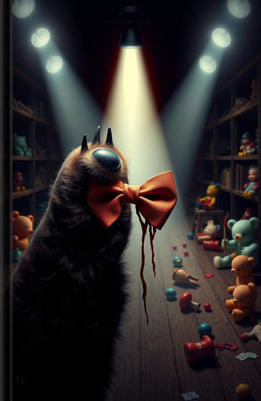 A striking book cover featuring a bear's paw holding a blood-stained bow tie, illuminated by a soft spotlight