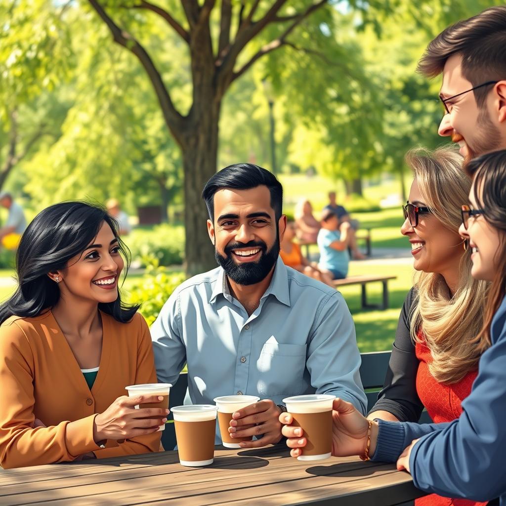 An artistic representation of people from diverse backgrounds engaging in meaningful conversations in a vibrant community setting