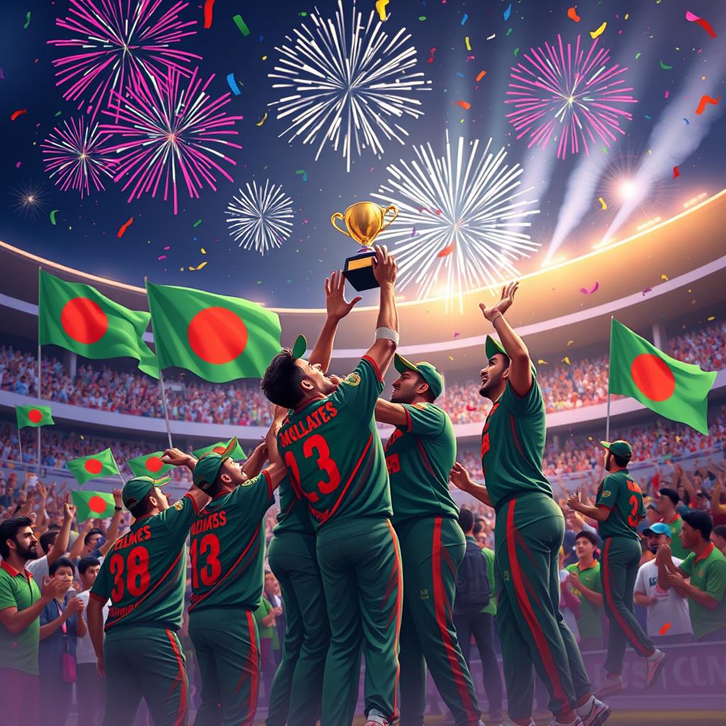 A vibrant 2D animated illustration of the Bangladesh cricket team celebrating their victory in the ICC Champions Trophy after defeating India
