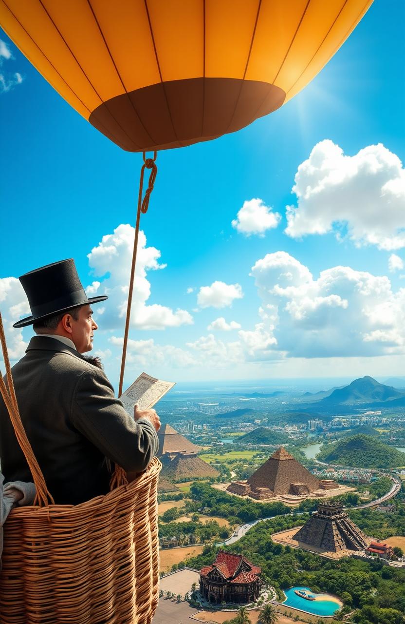 An adventurous scene representing 'Around the World in 80 Days' with a vintage hot air balloon soaring high above a picturesque landscape