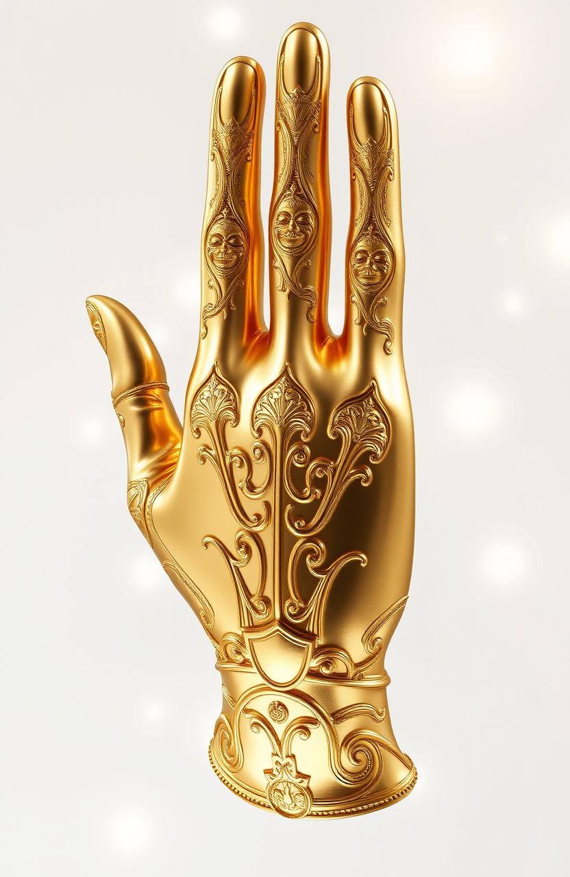 A stunning, realistically rendered gold hand with intricate details, set against a pure white background