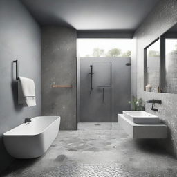 A uniquely designed bathroom with hexagonal terrazzo detailing and a cement grey color scheme.