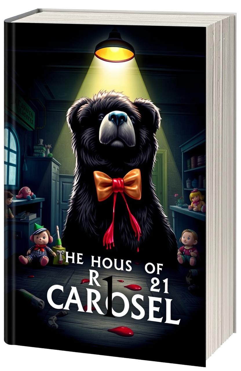 A visually striking book cover illustrating a bear's paw gripping a blood-stained bow tie, beautifully illuminated by a spotlight