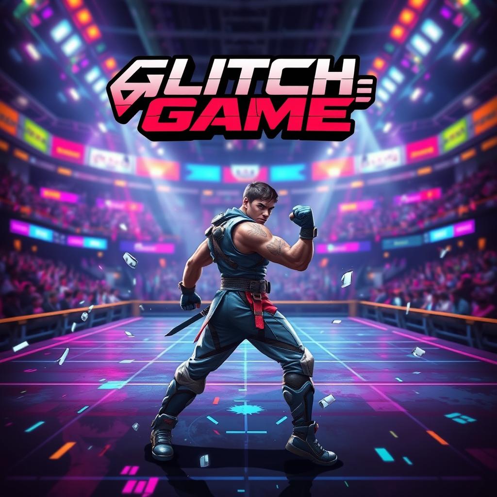 An eye-catching cover design for a video game titled "Glitch Game" featuring a lone fighter in an arena