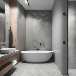 A uniquely designed bathroom with hexagonal terrazzo detailing and a cement grey color scheme.