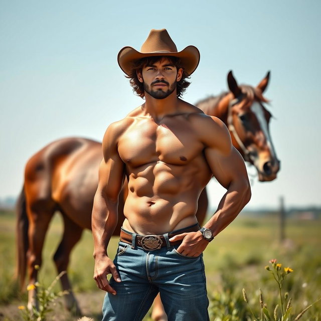 A muscular young man with brown fluffy hair wearing a cowboy hat, standing confidently in a rural setting