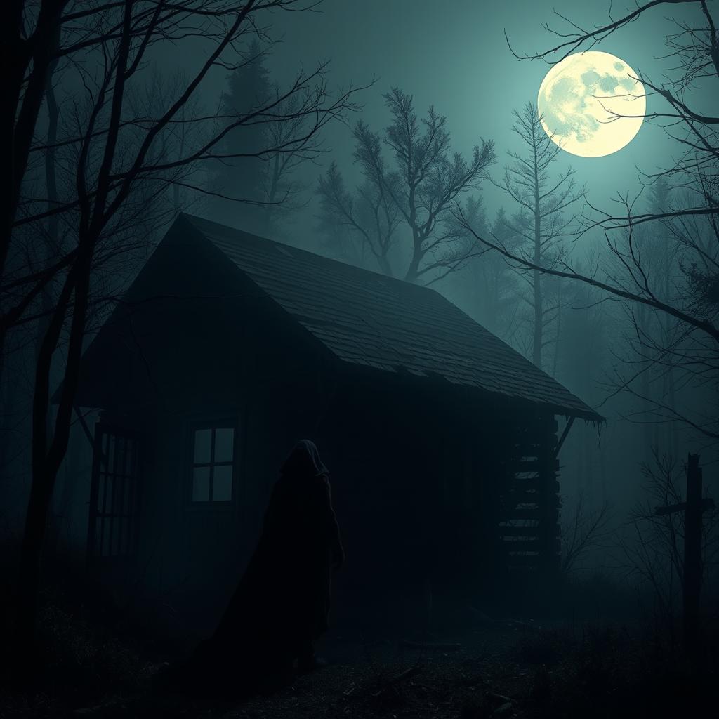 A dark and eerie forest at night, shrouded in mist, with shadowy trees and an ominous full moon casting a pale light