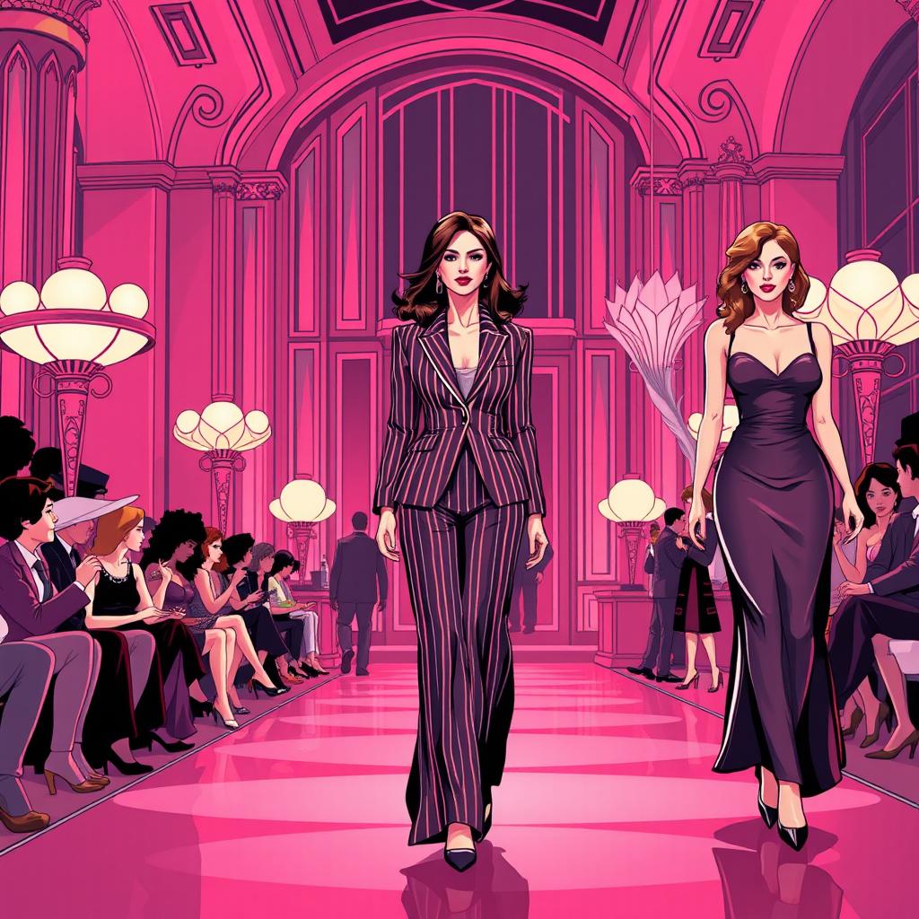An illustration of three fashionable women walking in a stylish and luxurious atmosphere