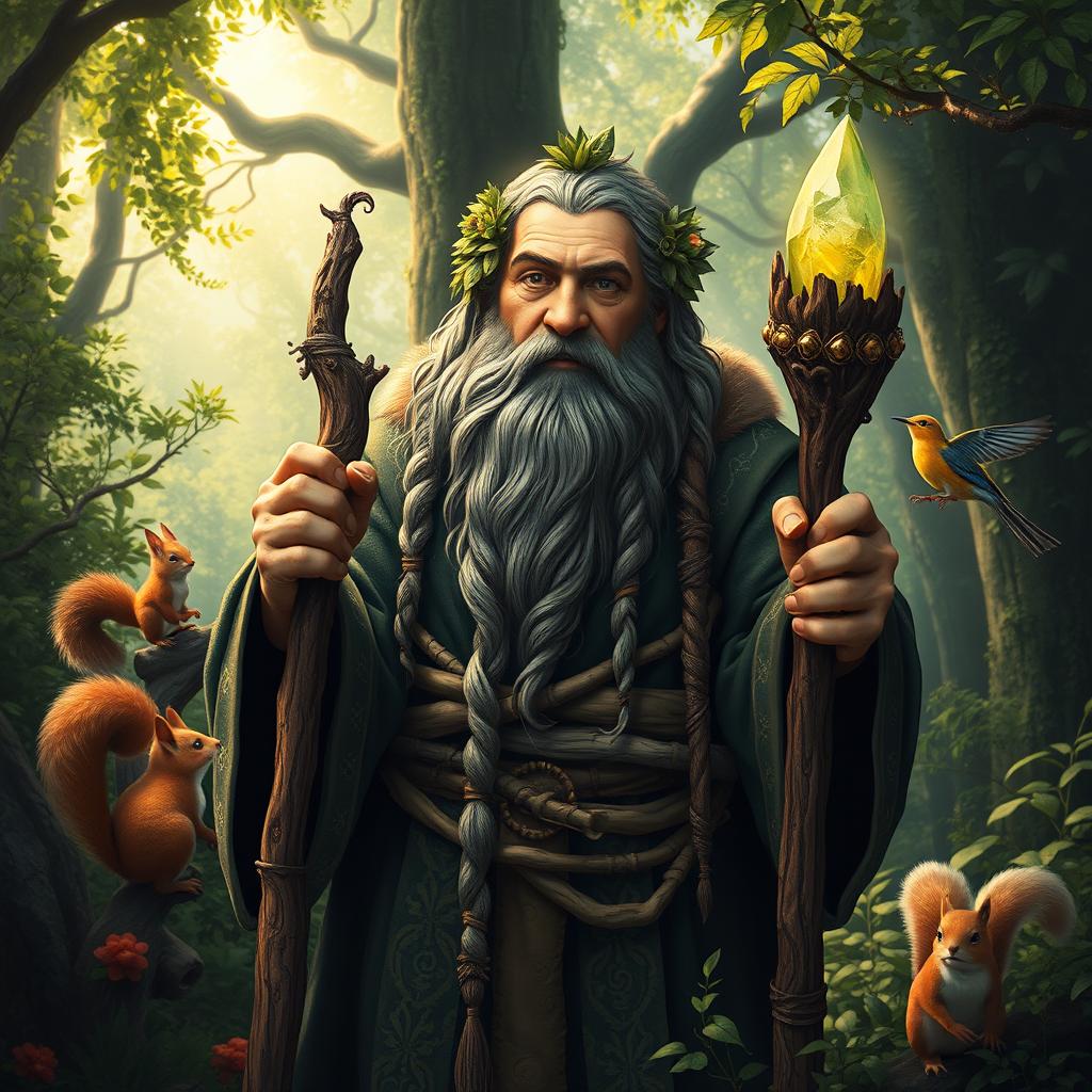 A wise and ancient dwarf druid standing in a lush, enchanted forest