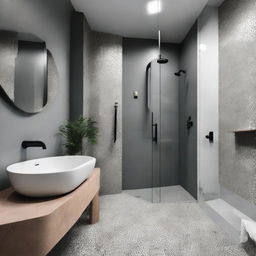 A uniquely designed bathroom with hexagonal terrazzo detailing and a cement grey color scheme.