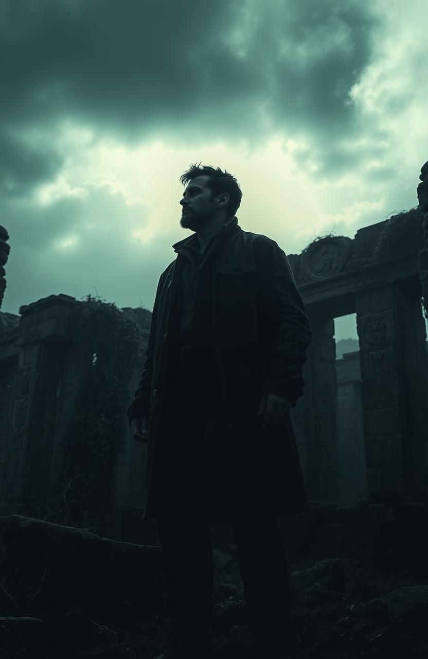 A solitary man standing amidst ancient ruins, surrounded by shadows and darkness, evoking a sense of mystery and desolation