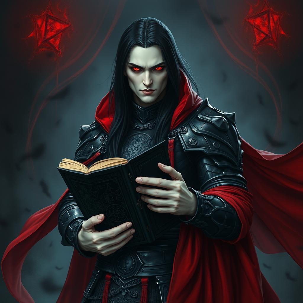 A pale-skinned man with long black hair and striking red eyes, dressed in an imposing dark black armor that reflects an eerie sheen